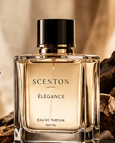 Scenton Élégance eau de parfum, 100 ml, golden glass bottle with a black cap